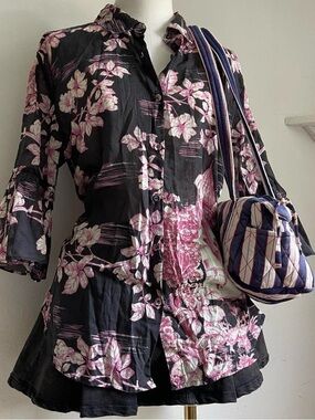 Johnny Was Black Tunic with Pink & Cream Floral Print